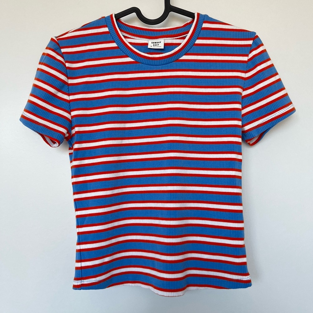 Sunday Best Blue Red White Striped Short Sleeve Tee